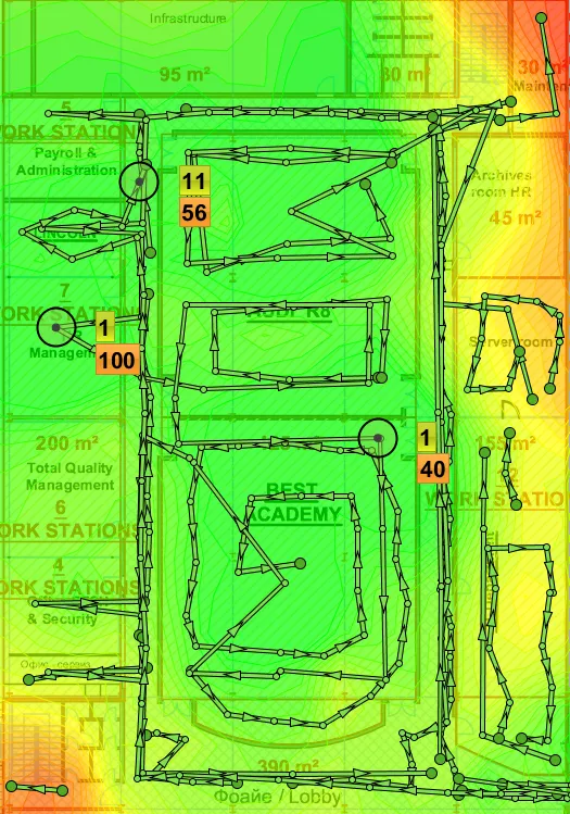 Signal strength (RSSI) map of one floor of a building